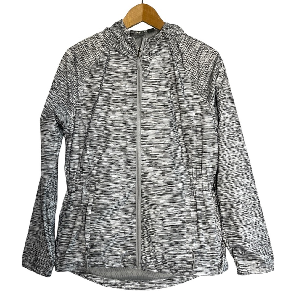 New Balance Women Athleisure Jacket Black Gray Full Zip Hooded Windbreaker Sz M